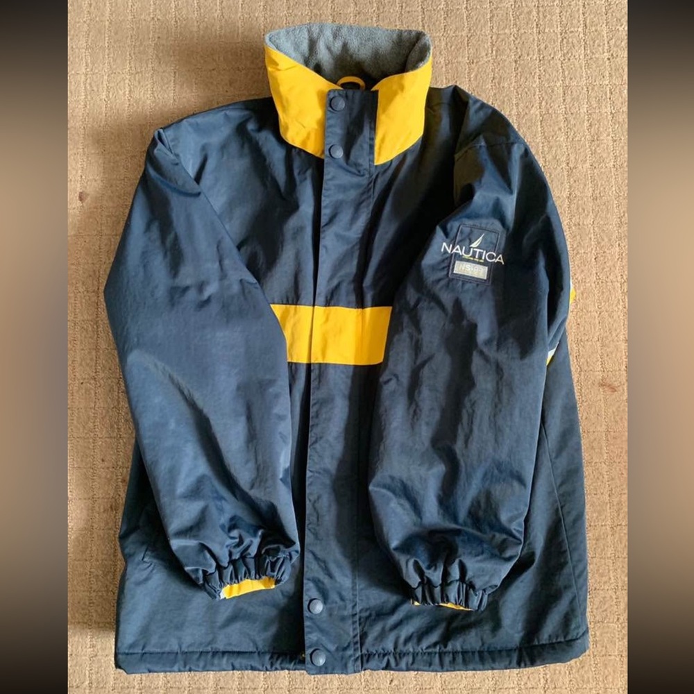 Vintage 90s Nautica Men’s Navy Sailing Jacket with Yellow Stripe Fleece Lined